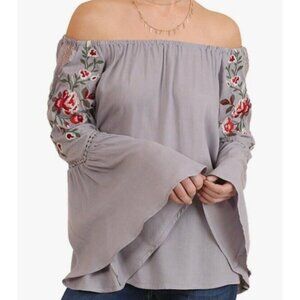 NWT Umgee USA Off Shoulder Floral Boho Top Women Sz L Gray Flare Sleeve Festival